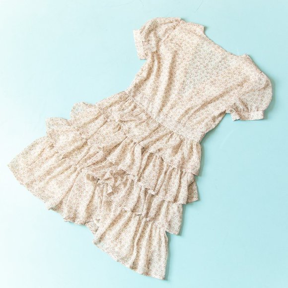 Storia Cream Micro Floral Puff Sleeve V-Neck Ruffle Skirt Mini Dress Size Small - Picture 9 of 9